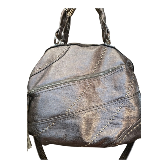 B. Makowsky Metallic Silver Leather Top Handle Shoulder Bag - Picture 3 of 15
